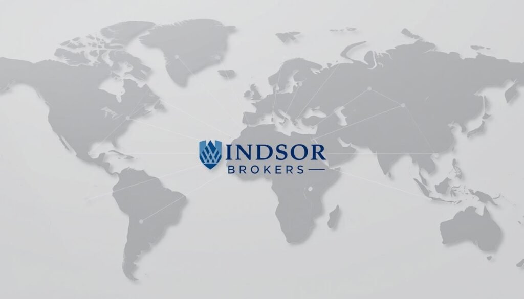 A global map in muted tones, with continents and oceans clearly delineated. Centered is the Windsor Brokers logo, a sophisticated emblem in shades of blue. Radiating outwards from the logo are thin lines connecting it to various financial hubs around the world, representing the company's international reach and presence. The overall composition evokes a sense of reliable, established connectivity, with a touch of elegance befitting a reputable brokerage firm. Soft, directional lighting casts subtle shadows, adding depth and dimension to the image.