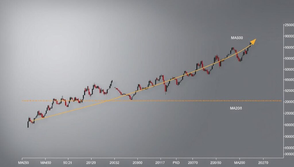 Moving Average (MA50, MA200) dalam tren jangka pendek & panjang.